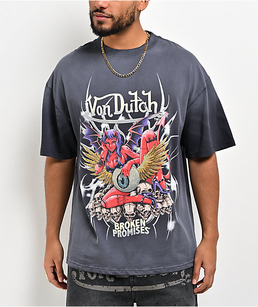 Von Dutch x Broken Promises Devilish Charm Grey Wash T-Shirt | Zumiez