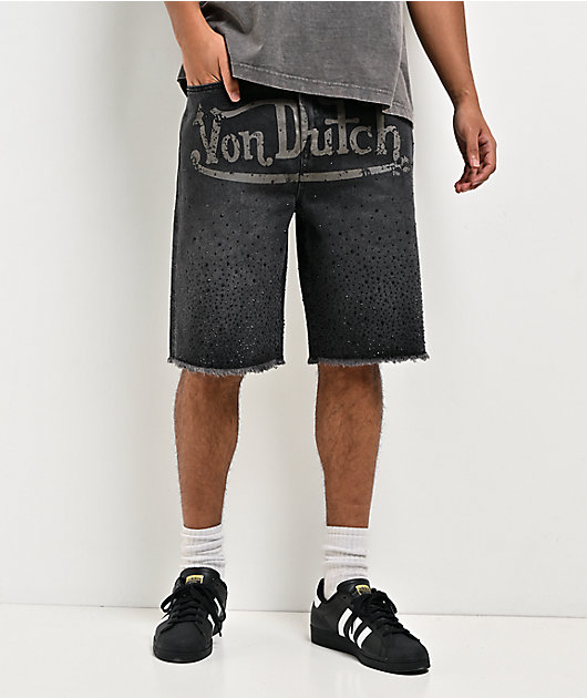 Von Dutch x Broken Promises Night Sky Rhinestone Black Wash Denim Shorts