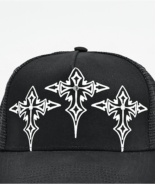 WHADAFUNK Goth Cross Black Trucker Hat