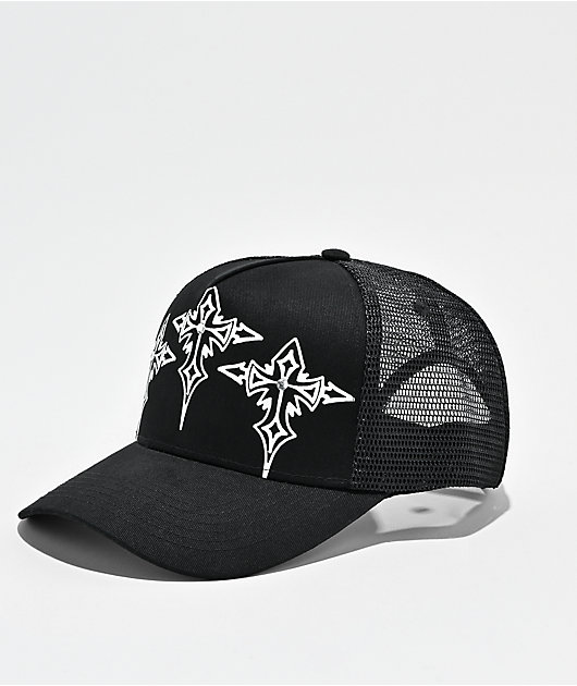 WHADAFUNK Goth Cross Black Trucker Hat