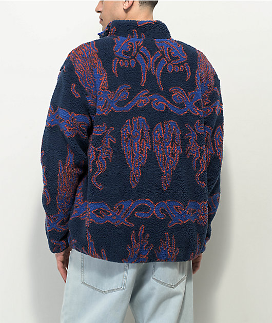WKND Temple Fleece Navy Blue & Red Sherpa Jacket | Zumiez