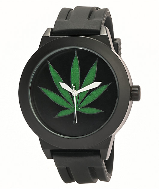 Weed Print Black & Green Analog Watch Set