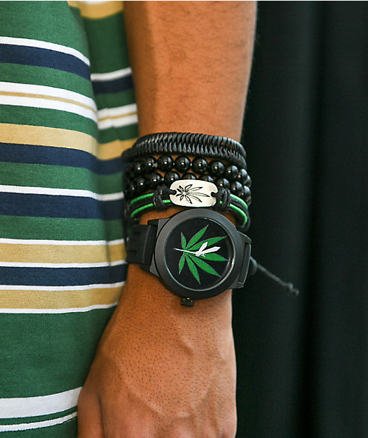 Weed Print Black & Green Analog Watch Set