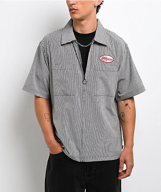 Welcome Garage White & Black Stripe Zip Work Shirt