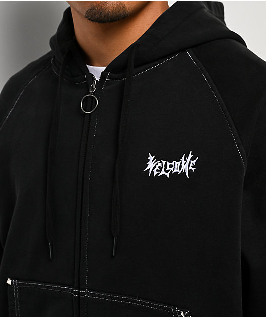 Welcome Pigment Dye Black Crop Zip Hoodie | Zumiez