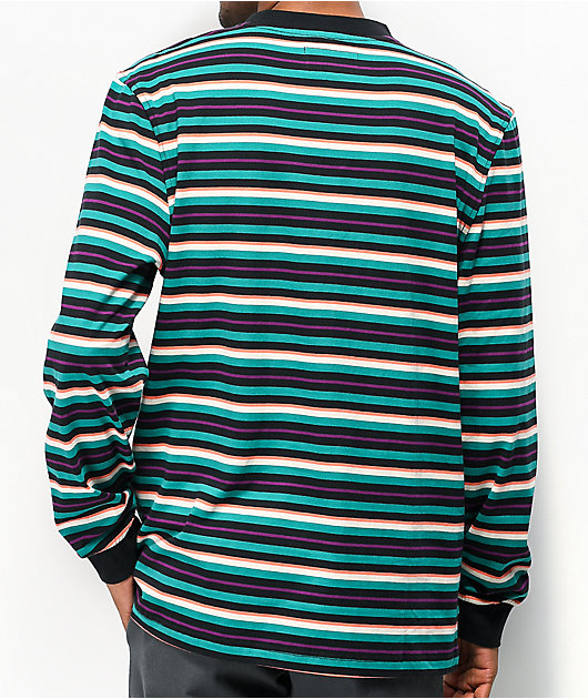 Permeabilidad Paternal bádminton Welcome Surf camiseta de manga larga verde azulado, negra y blanca de rayas