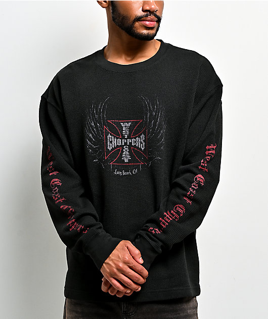 West Coast Choppers Rebel Wings Black Wash Thermal Long Sleeve T-Shirt