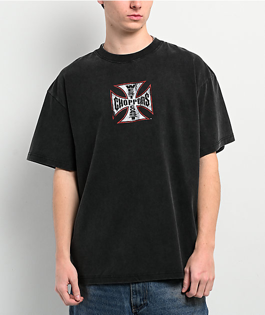 West Coast Choppers Red Outline Cross Black Wash T-Shirt | Zumiez
