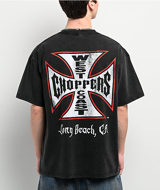 West Coast Choppers Red Outline Cross Black Wash T-Shirt | Zumiez