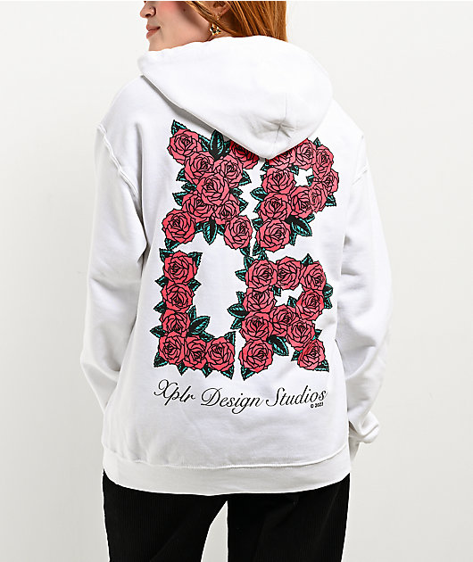 White hoodie with roses mens sale