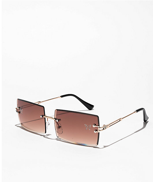 Y2K Baddie Ombre Brown black rectangular square frameless sunglasses rhinestones 5313RH Women main image 3