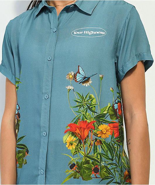 Your Highness Botanical Blue Short Sleeve Button Up Shirt