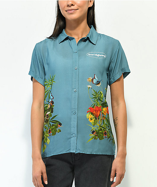 Your Highness Botanical Blue Short Sleeve Button Up Shirt
