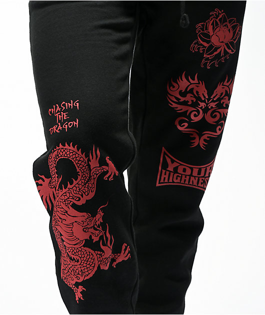 black sweatpants with red dragon