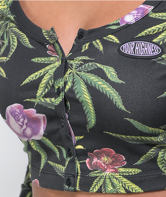 Your Highness Green Dream Black Long Sleeve Crop Top