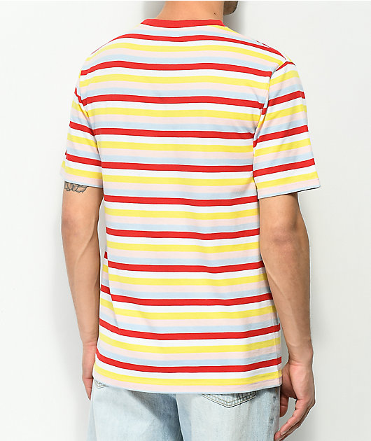 blue red and yellow shirt