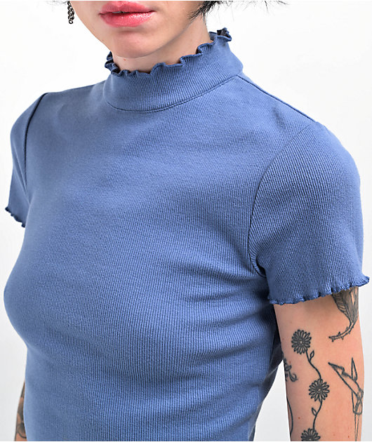 Zine Carla Blue Mock Neck Crop T-Shirt