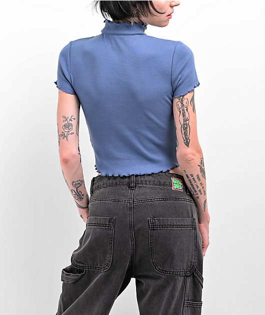 Zine Carla Blue Mock Neck Crop T-Shirt