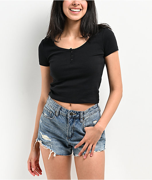 Zine Hannie Black Crop Henley T-Shirt | Zumiez