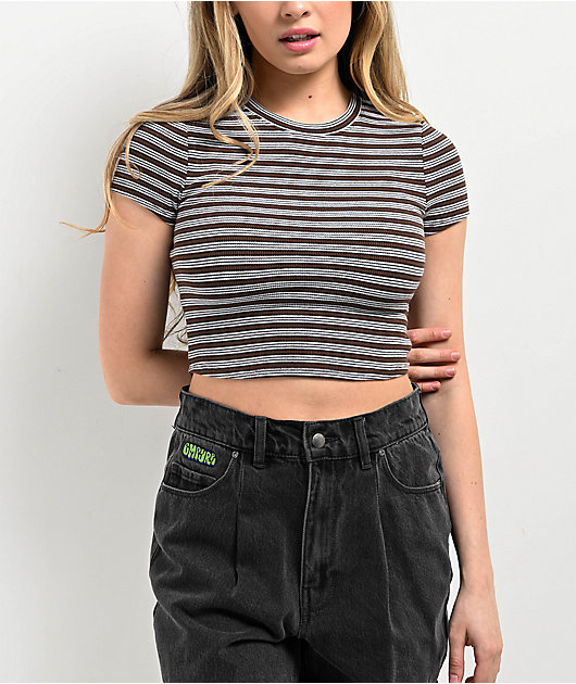 Zine Irina Blue & Brown Stripe Crop T-Shirt | Zumiez
