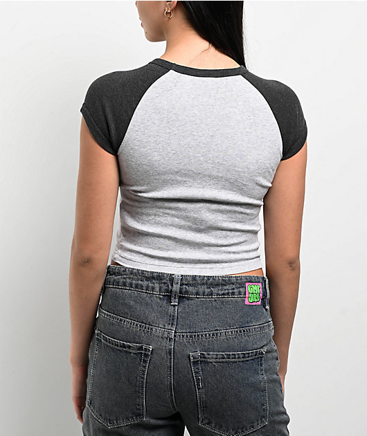 Zine Pammie Heather Grey & Black Crop Raglan T-Shirt | Zumiez