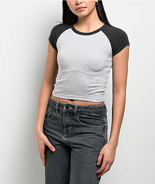 Zine Pammie Heather Grey & Black Crop Raglan T-Shirt | Zumiez