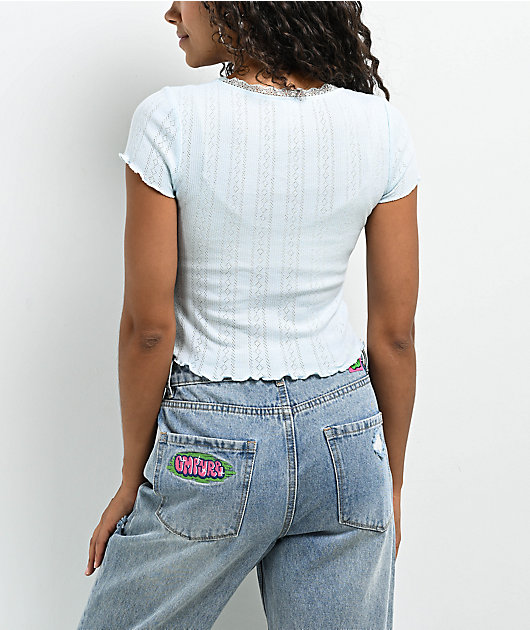 Zine Rosie Ice Blue Pointelle Crop T-Shirt | Zumiez