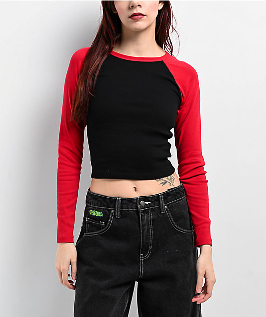 Zine Sam Red & Black Raglan Long Sleeve Crop T-Shirt | Zumiez