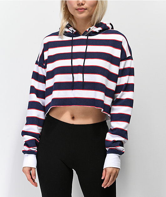 white sweatshirt with red and blue stripe