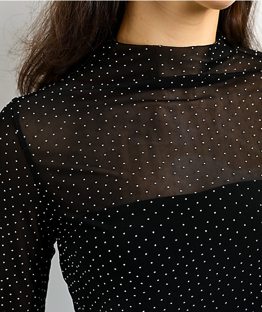 Zutter Swiss Dot Rhinestone Lace Black Long Sleeve Mock Neck Shirt