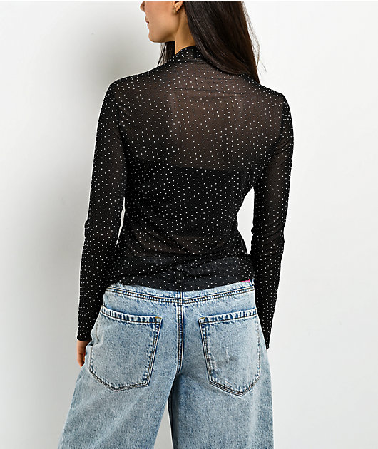 Zutter Swiss Dot Rhinestone Lace Black Long Sleeve Mock Neck Shirt