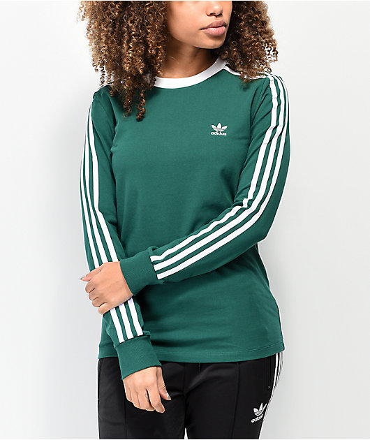 adidas 3-Stripe Collegiate Green & White Long Sleeve T-Shirt