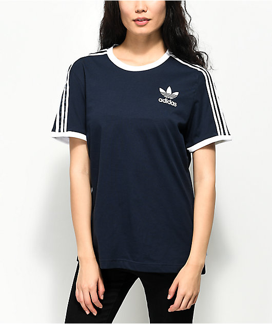 adidas 3 Stripe Dark Blue T-Shirt | Zumiez