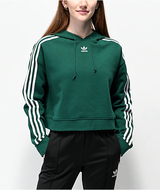 adidas 3 Stripe Green Crop Hoodie | Zumiez