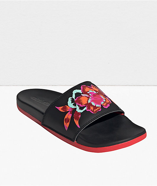 adidas Adilette Comfort Floral Black Red Slide Sandals Zumiez