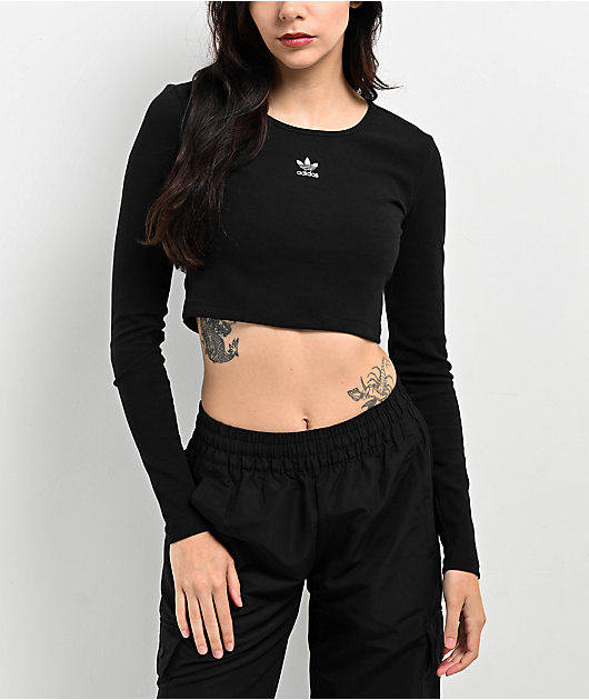 ★adidas★ Essential Lip Crop Long Sleeve Tee Black adidas Essentials Black Long Sleeve Crop T-Shirt | Zumiez