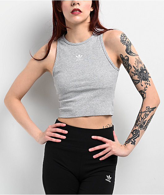 adidas Essentials Ribbed Heather Grey Crop Tank Top | Zumiez