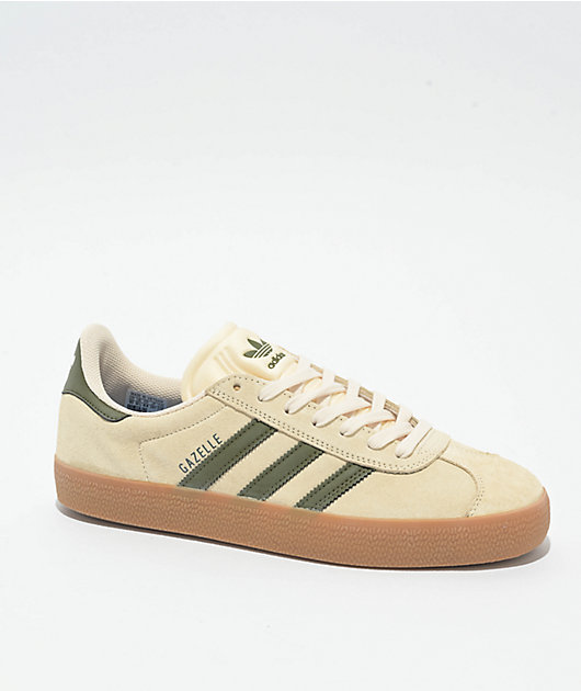 adidas Gazelle ADV Ecru Tint, Focus Olive & Gum Skate Shoes | Zumiez
