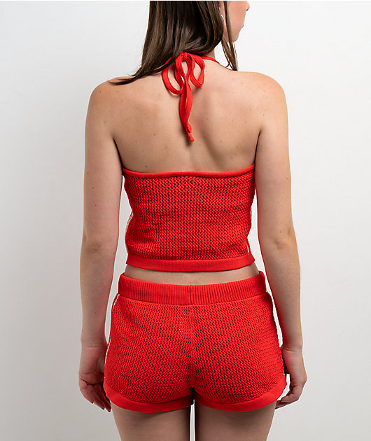 adidas Knitted Crochet Semi Lucid Red Halter Top