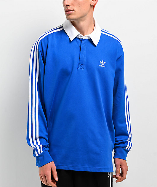 adidas Originals Adicolor Polo Blue Long Sleeve Rugby Shirt | Zumiez