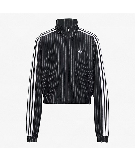 adidas Originals Firebird Pinstripe Black & Silver Metallic Crop Track Jacket