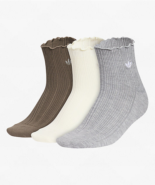 adidas Ruffle 3 Pack Brown, Cream & Grey Ankle Socks