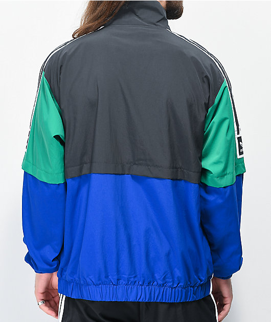 adidas Standard chaqueta cortavientos negra, azul y verde | Zumiez