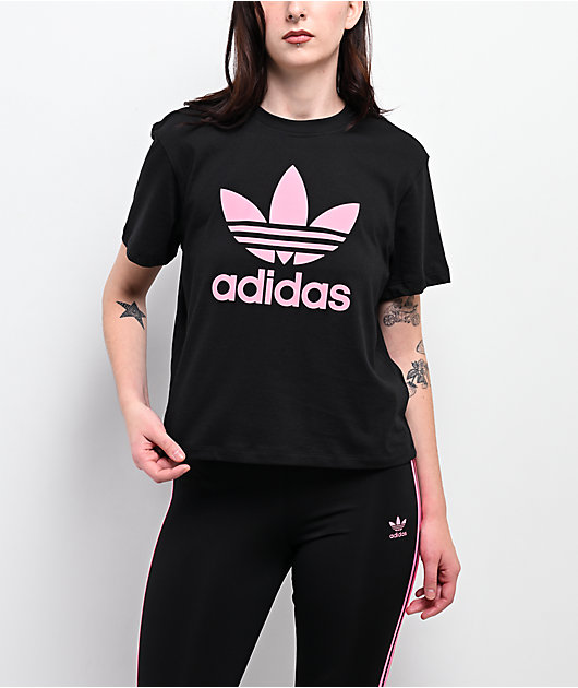 adidas Trefoil Black & Pink Boxy T-Shirt | Zumiez