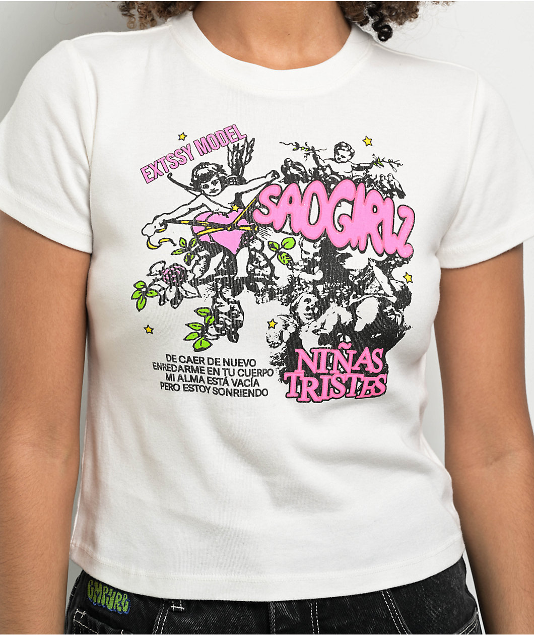 $AD BOYZ By Junior H SAD GIRLZ White & Pink Crop T-Shirt