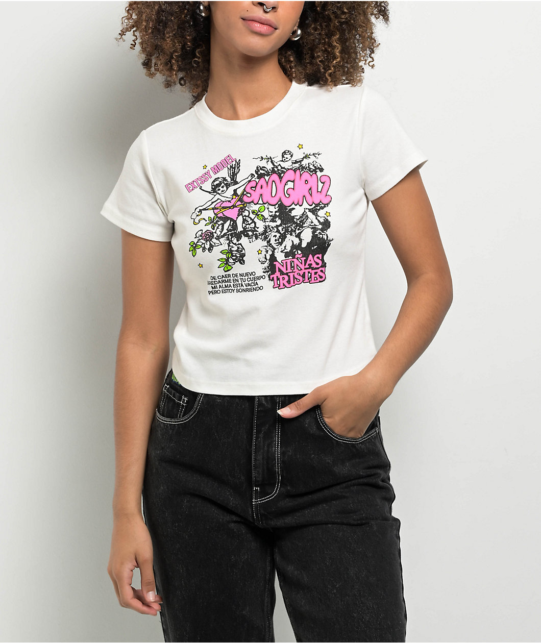 $AD BOYZ By Junior H SAD GIRLZ White & Pink Crop T-Shirt