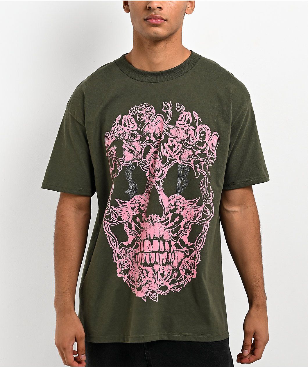 $AD BOYZ by Junior H Cherub Skull Rhinestone Olive T-Shirt