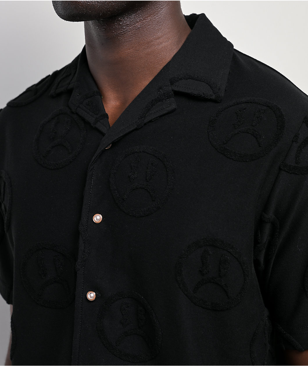 $AD BOYZ by Junior H Face Woven Black Terry Short Sleeve Button Up Shirt
