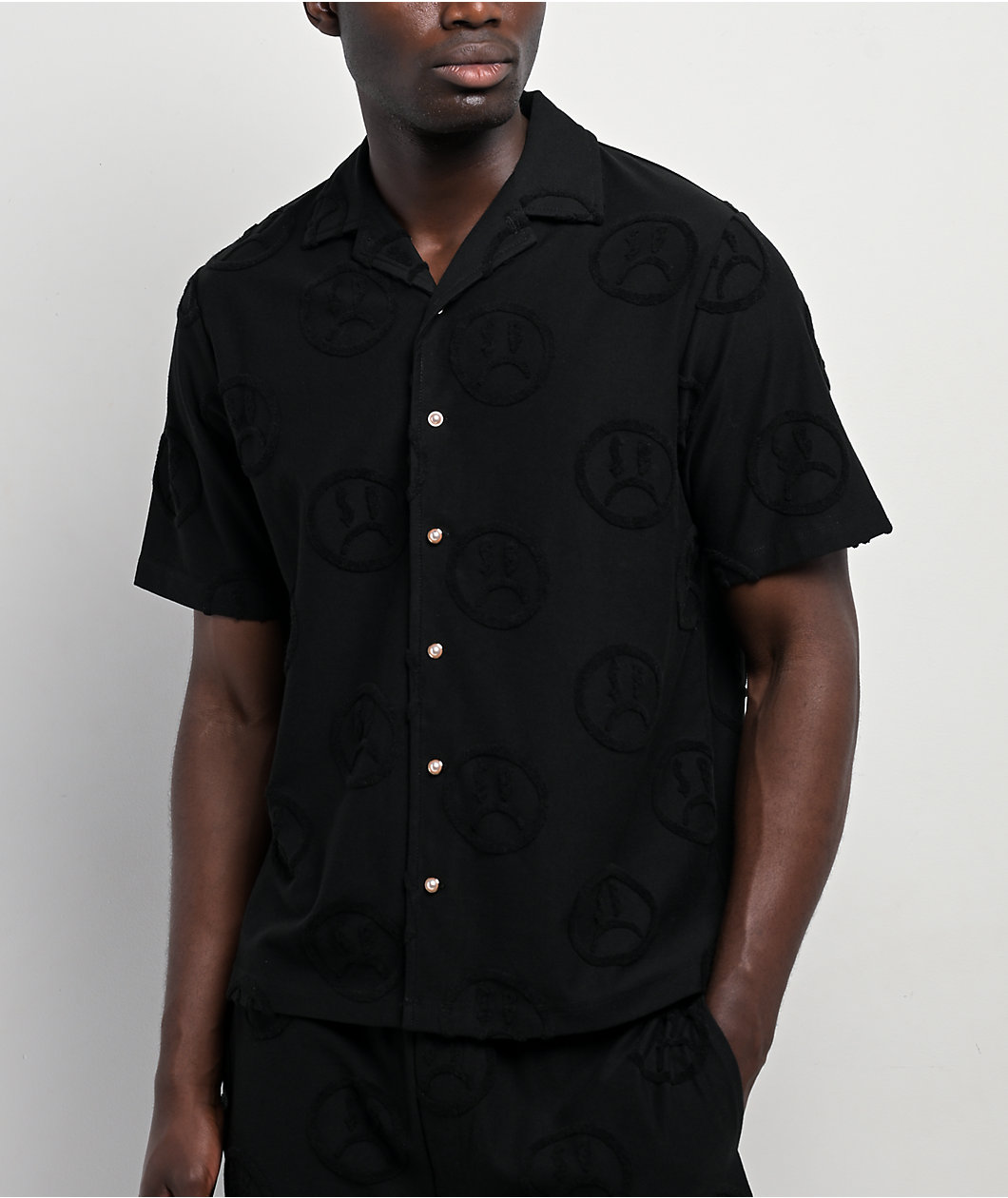 $AD BOYZ by Junior H Face Woven Black Terry Short Sleeve Button Up Shirt