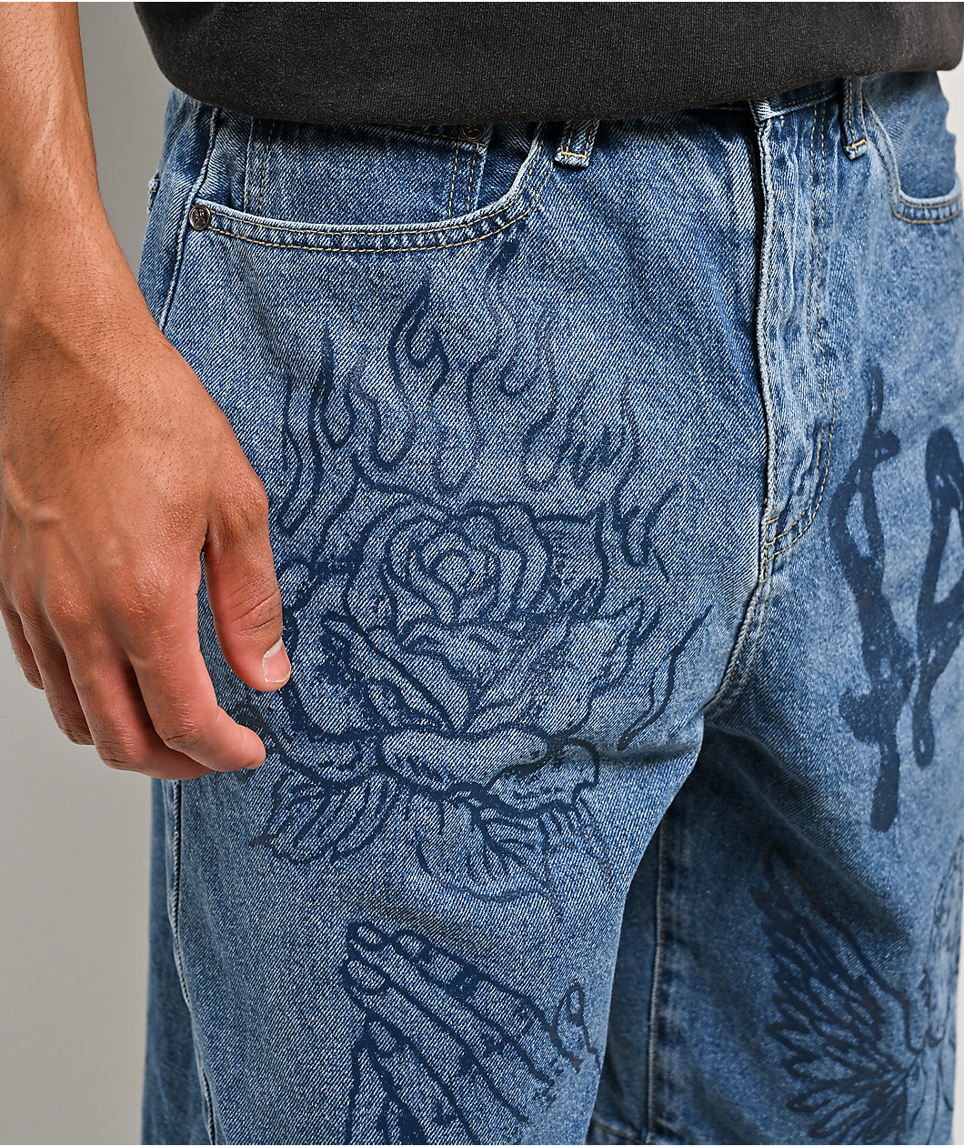 $AD BOYZ by Junior H Printed Grail Blue Wash Denim Shorts